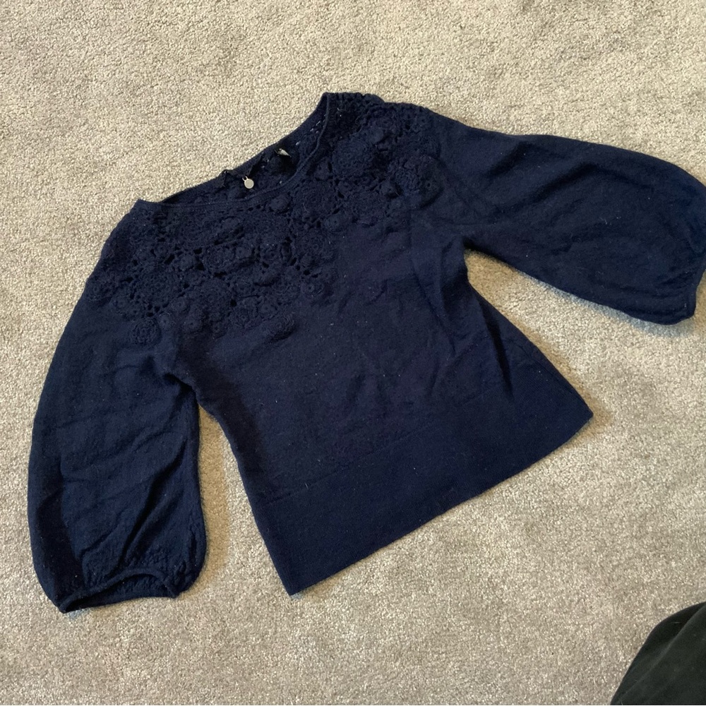 Girl’s Anthropology Knitted &Knotted Rosette Sweater in Navy Blue